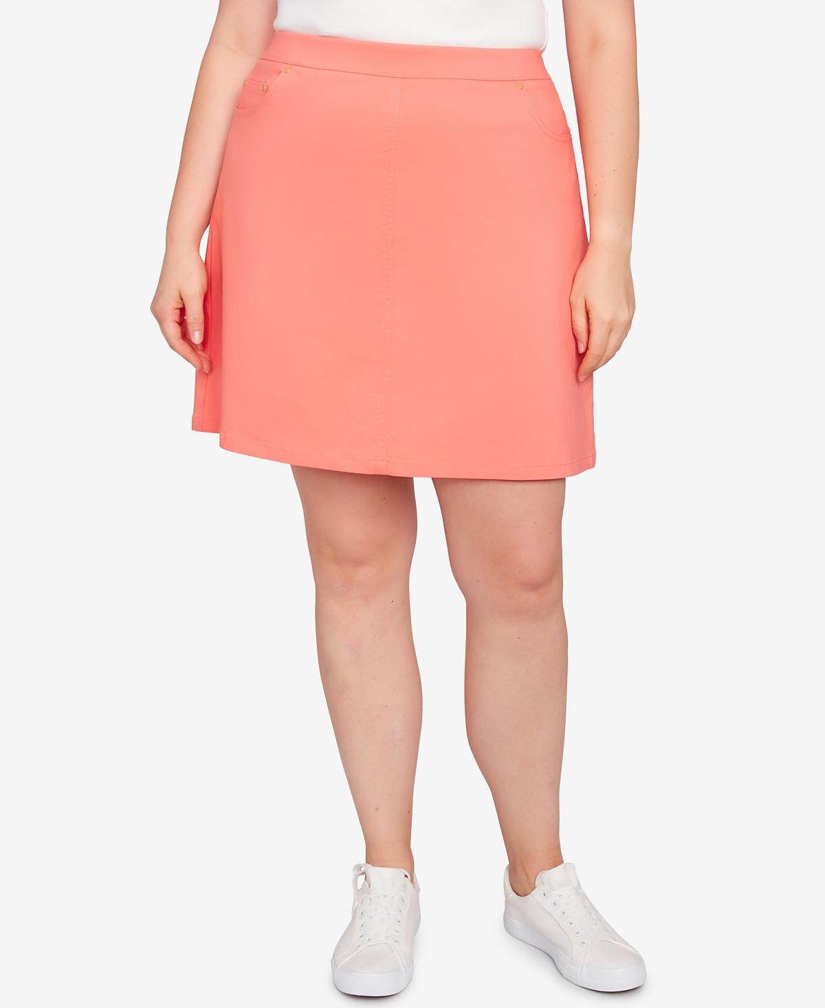 Hearts Of Palm Plus Size Spring Forward Solid Tech Stretch Pull On Skort In Coral