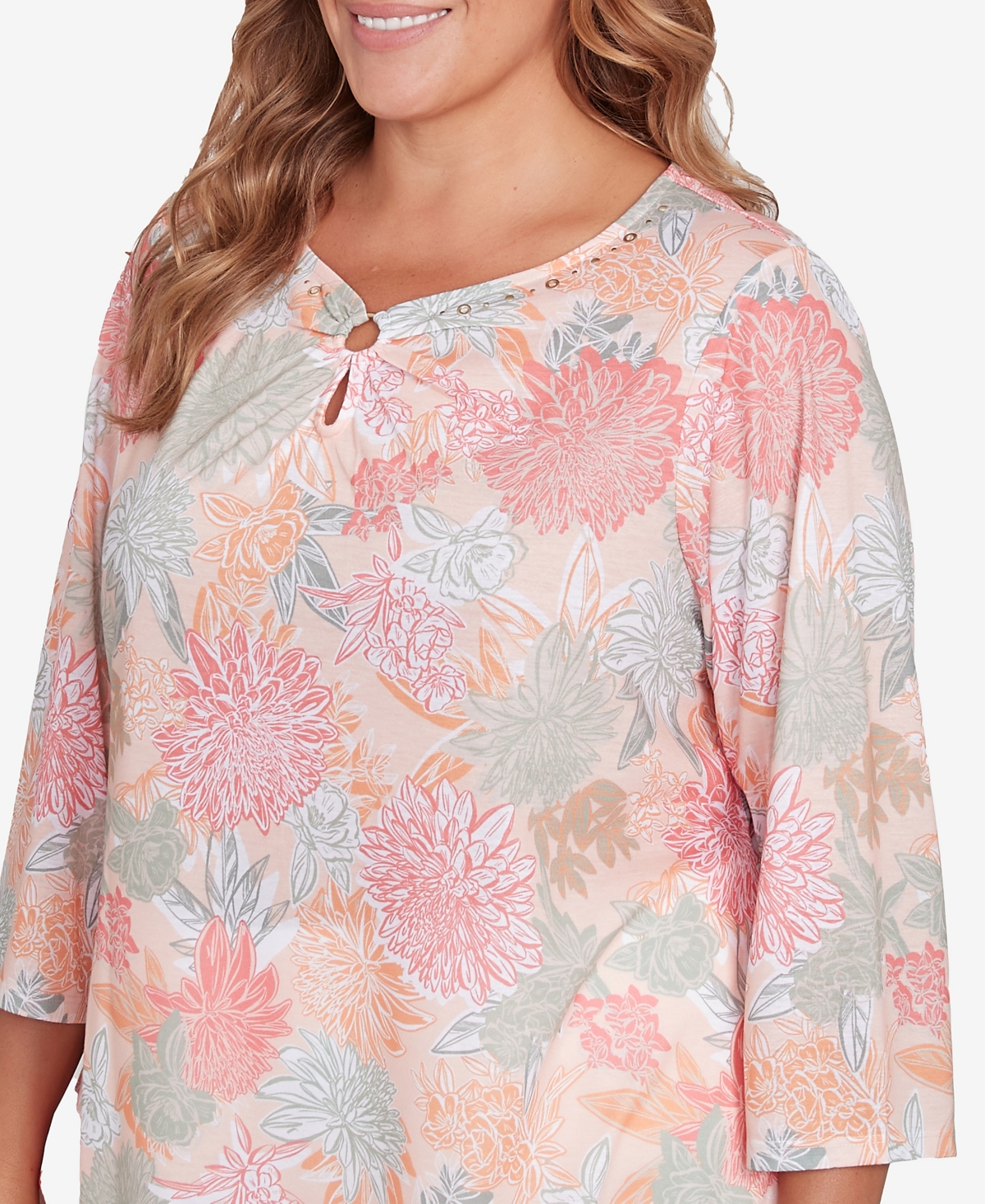 Hearts Of Palm Plus Size Spring Forward Tunic Ring Front 3/4 Sleeve Top In Orange Multi