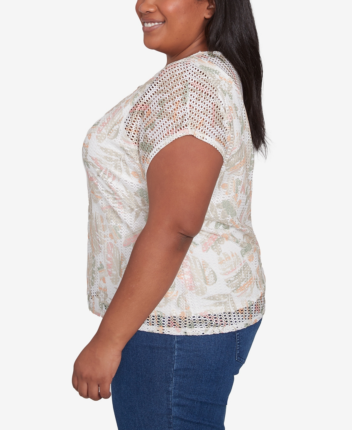 Hearts Of Palm Plus Size Spring Forward Short Sleeve Textured Top In Taupe Multi