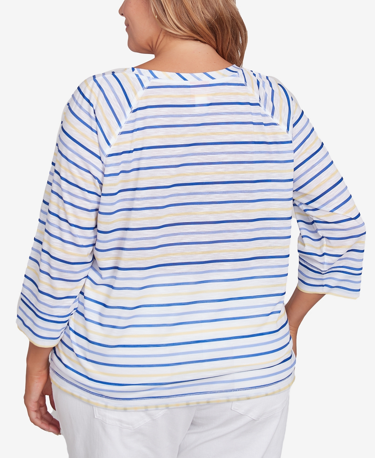 Hearts Of Palm Plus Size Making Waves Beach Scene Drawstring 3/4 Sleeve Top In Canary Multi