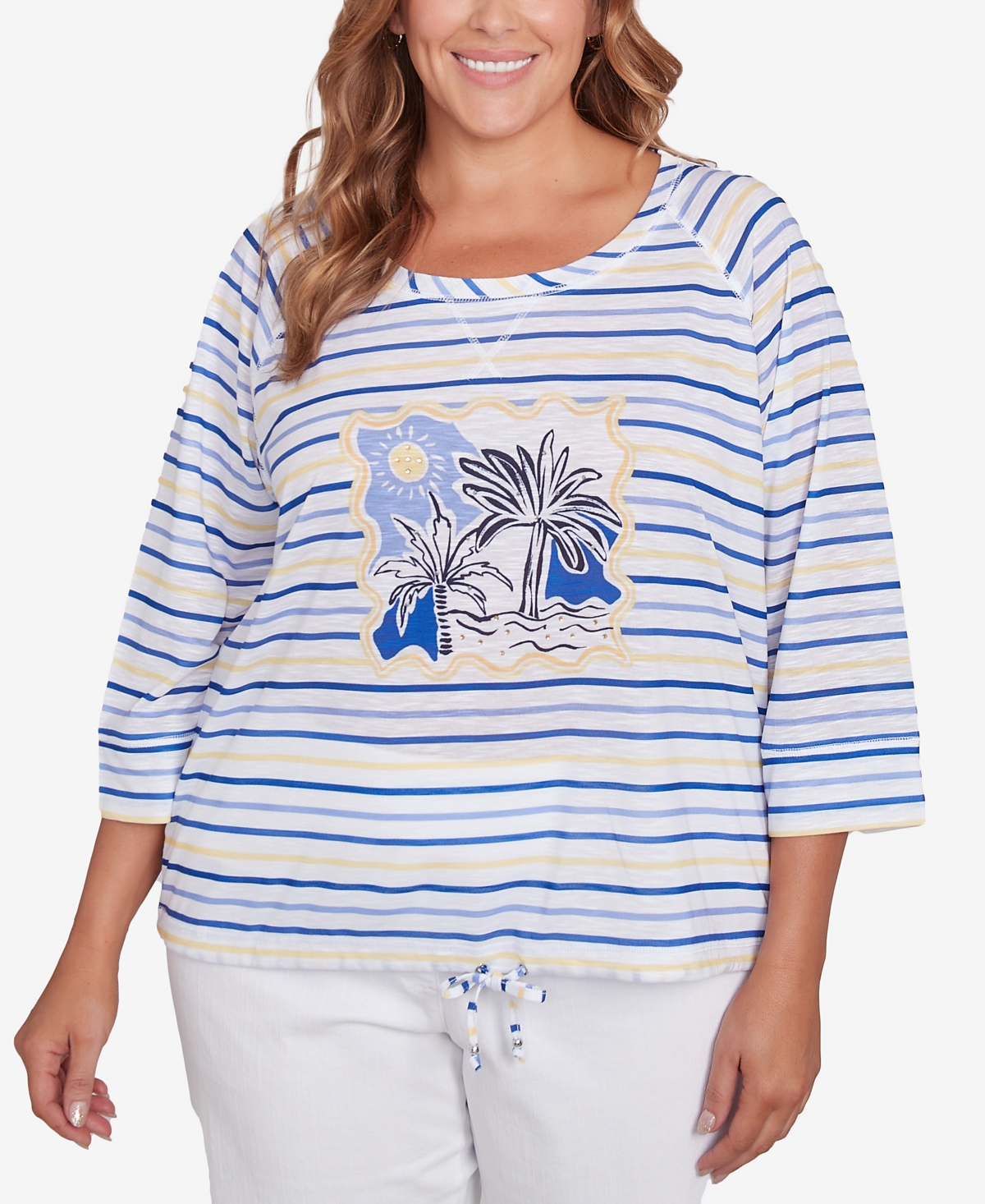 Plus Size Making Waves Beach Scene Drawstring 3/4 Sleeve Top - Canary Multi