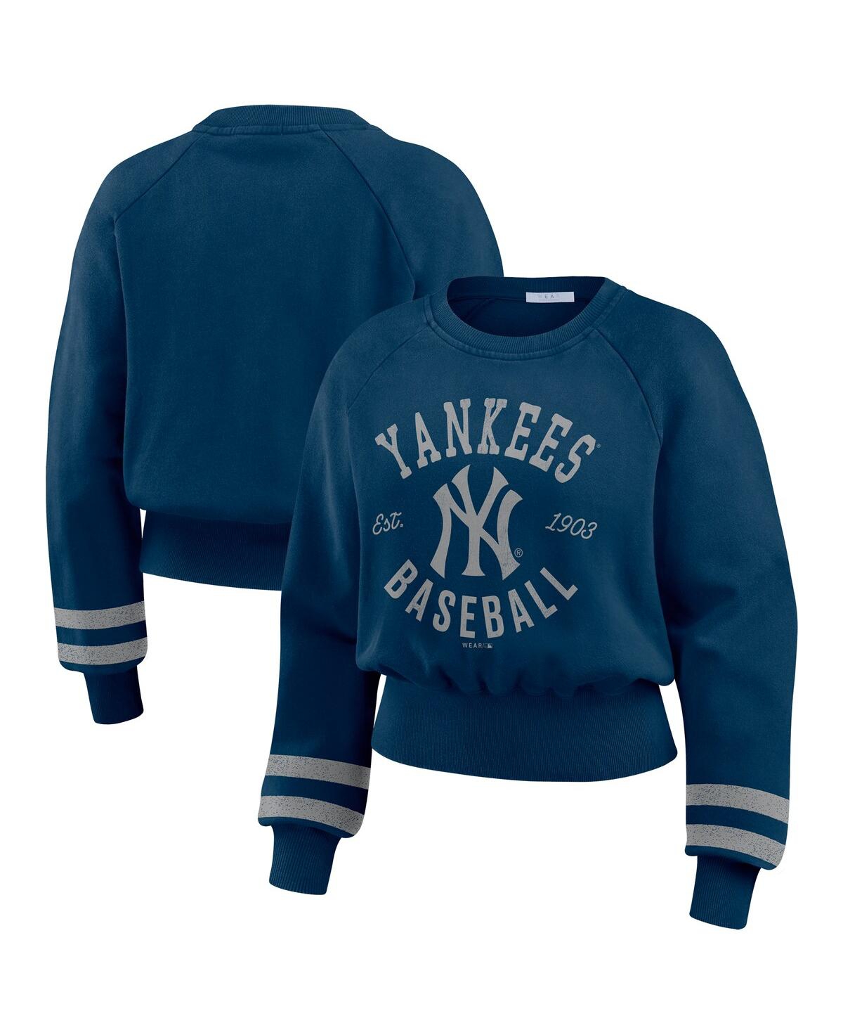 Women's Navy New York Yankees Vintage Washed Cropped Pullover Sweatshirt - Navy