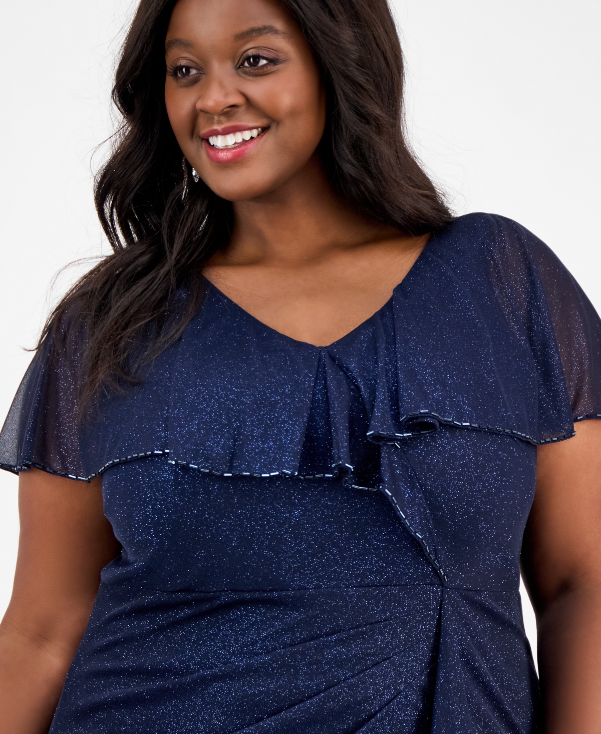 Sl Fashions Plus Size V-neck Caplet Ruffled Glitter Dress In Navy