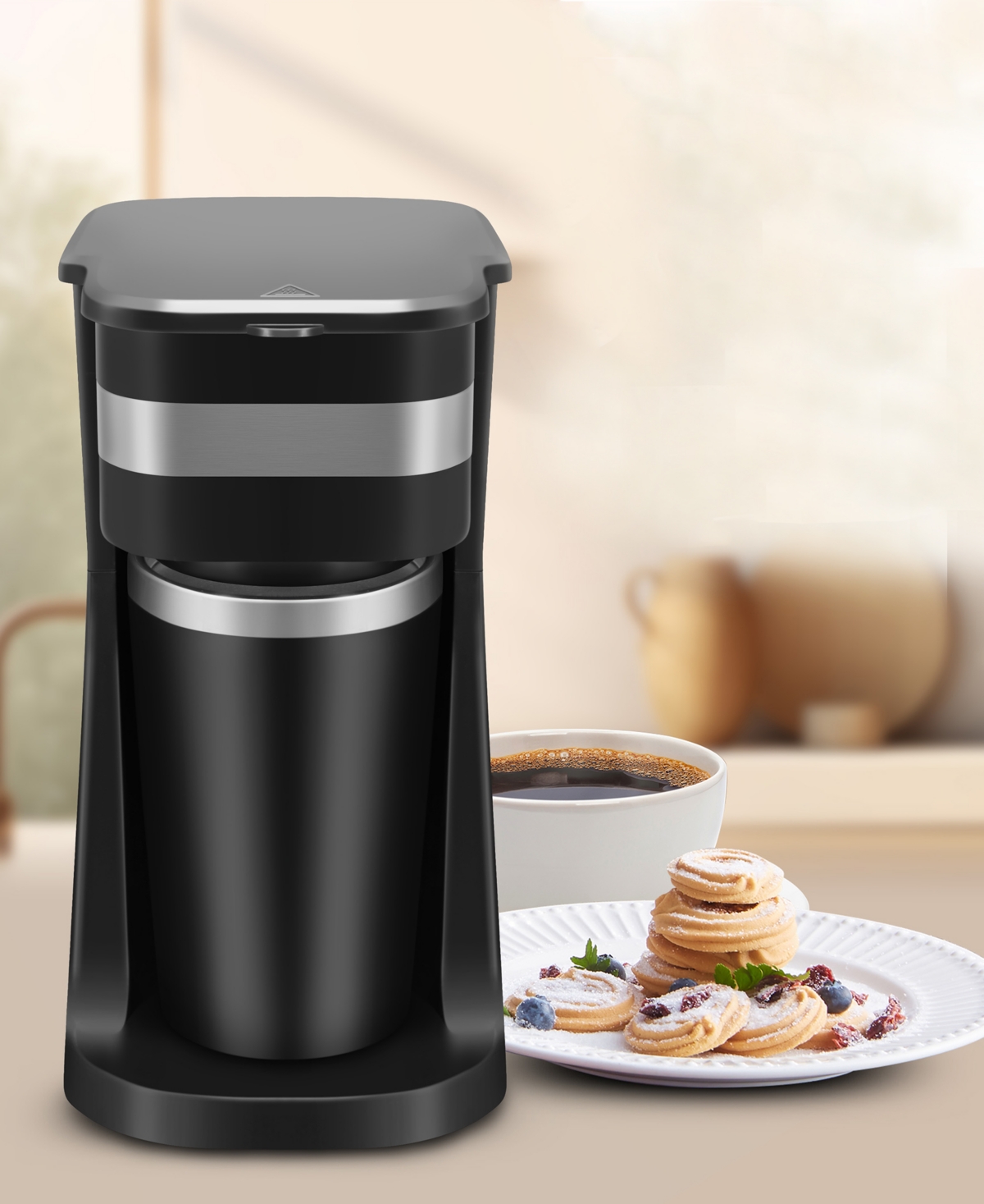 Elite Cuisine Personal Coffee Maker With Stainless Steel Interior Travel Mug In Black