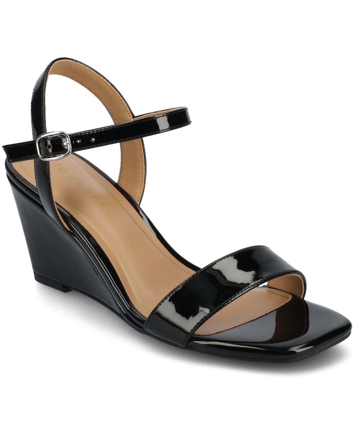 Journee Collection Women's Clayr Ankle Strap Wedge Sandals In Black Patent