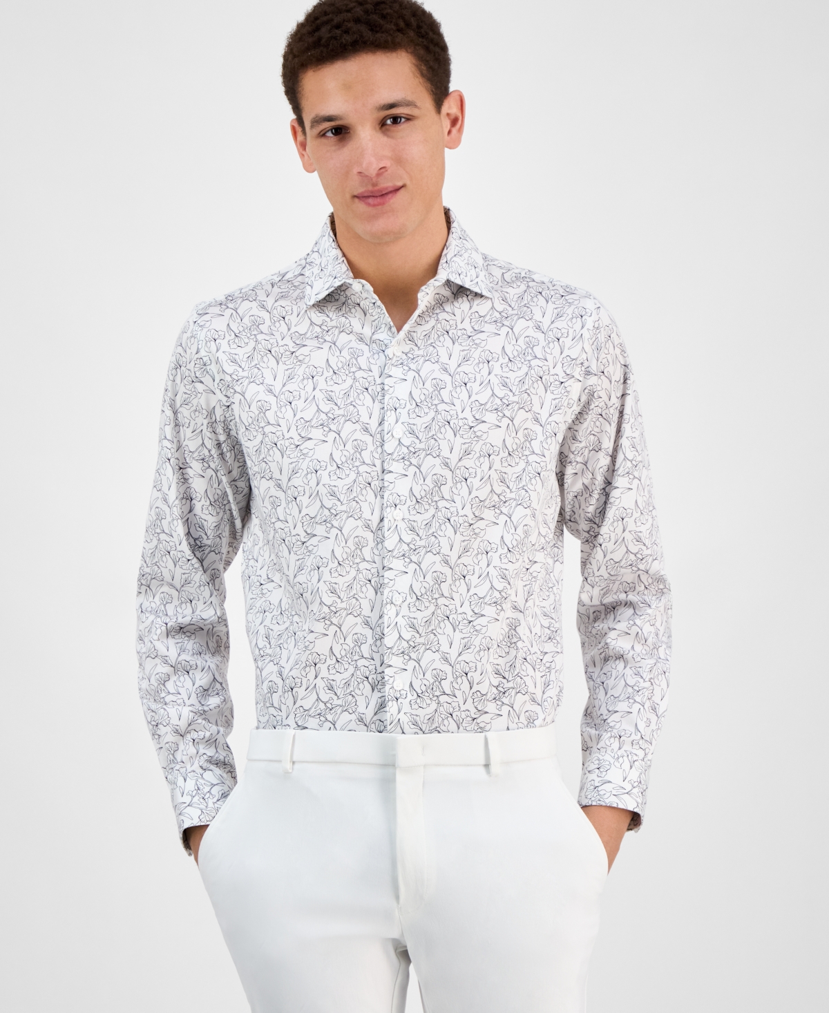 Men's Slim Fit Long Sleeve Button-Front Abstract Floral Print Shirt, Exclusively at Macy's - White Navy