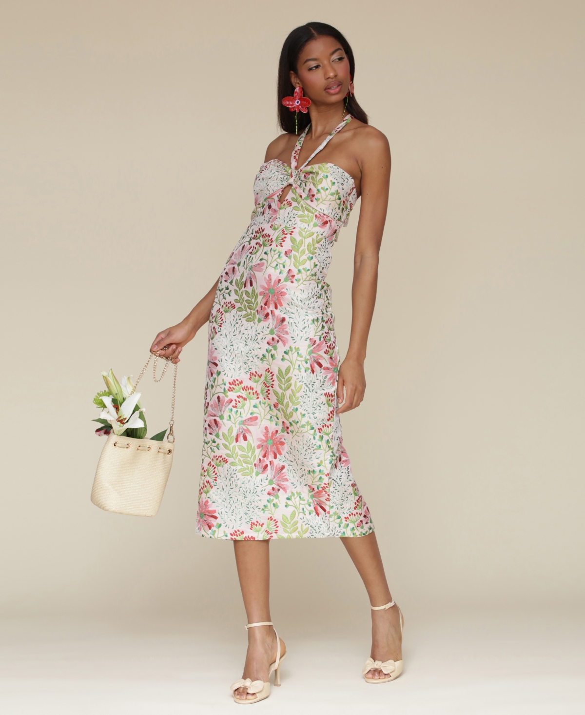 Avec Les Filles Floral Brocade Halter Neck Midi Dress In Wild Daisy