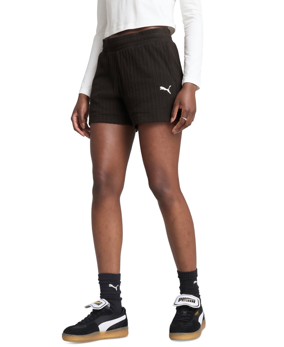 Puma Women's Essential Solid-color Pointelle 4" Shorts In Gold