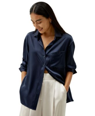 Повседневная шелковая рубашка с отложным воротником для женщин