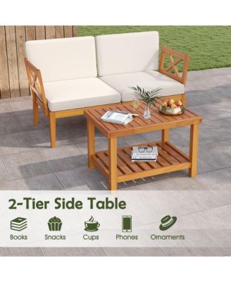 5 PCS Acacia Wood Patio Furniture Set w/ 2-Tier Coffee Table and Cushions
