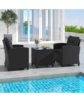 3 PCS Patio Furniture Set w/Tempered Glass Coffee Table Washable Cushions