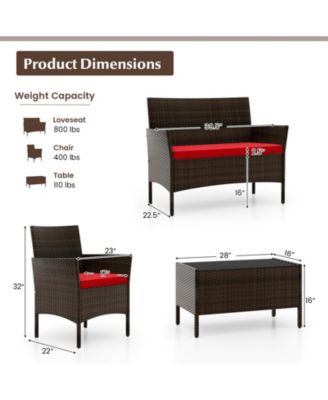 4 Piece Outdoor Rattan Furniture Set with Glass Coffee Table