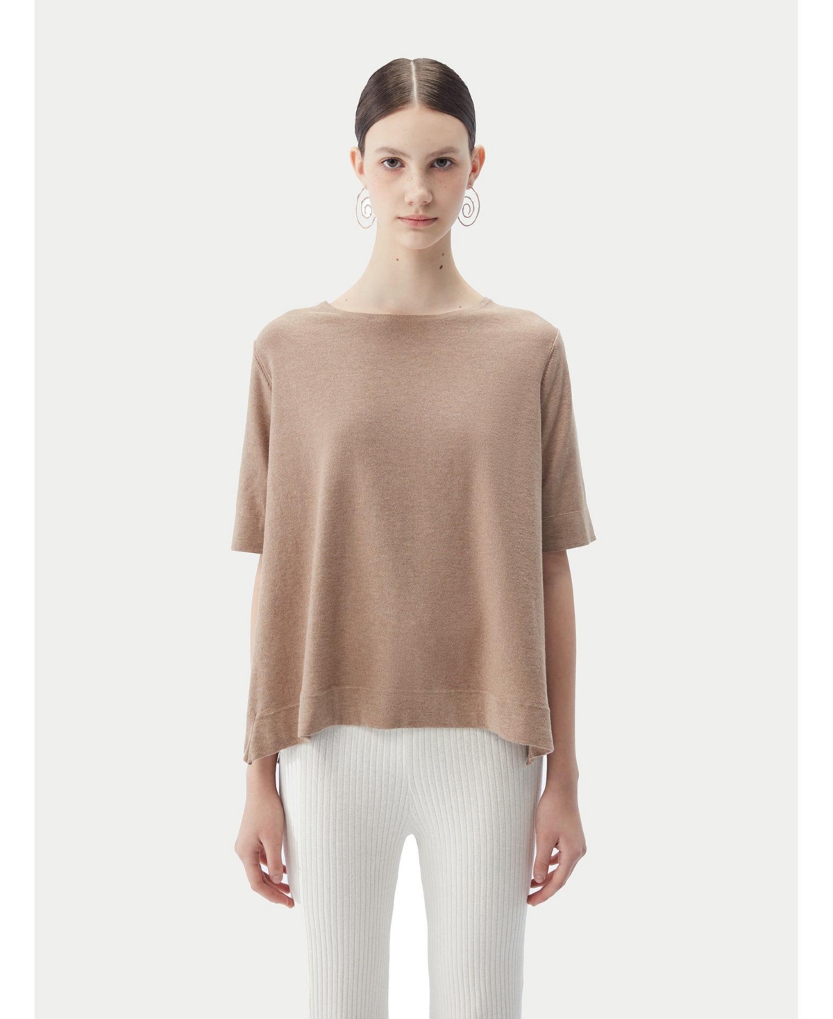 Women's Box-Cut Cotton Silk Cashmere Blend T-Shirt - Neutral-silver mink