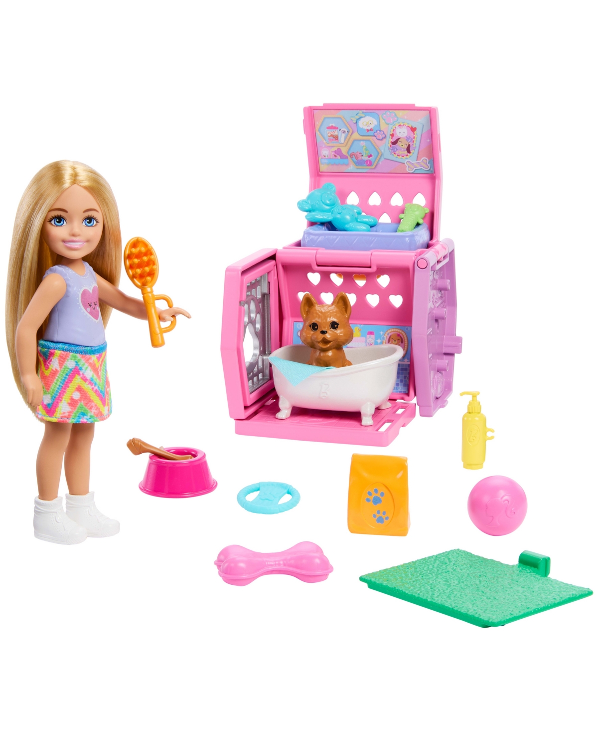 BARBIE CHELSEA PUPPY CARRIER PLAYSET, SMALL DOLL AND DOG CARRIER WITH PUPPY ACCESSORIES 