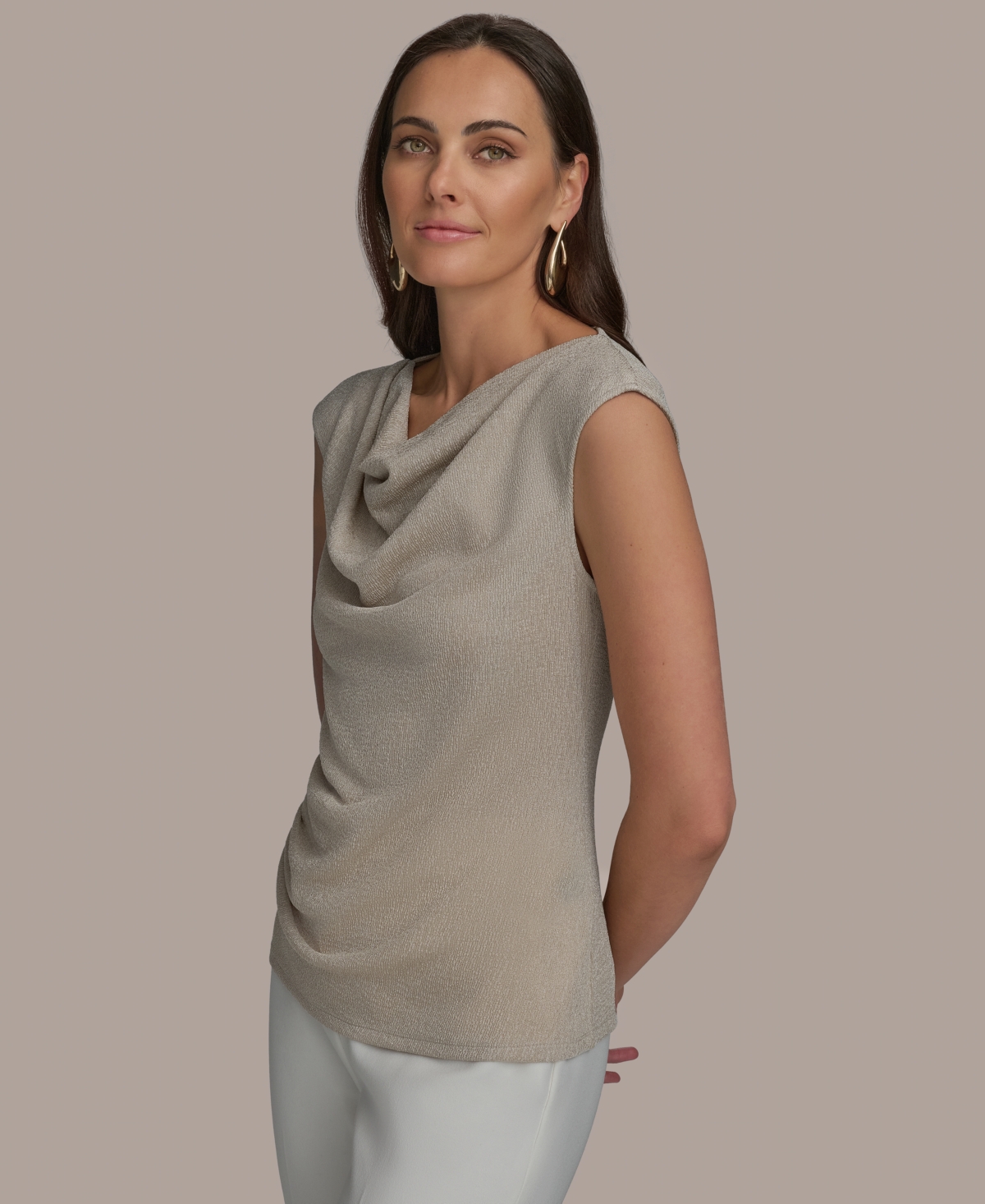 Shop Donna Karan Women's Sleeveless Drape Neck Blouse In Tuscan Grey