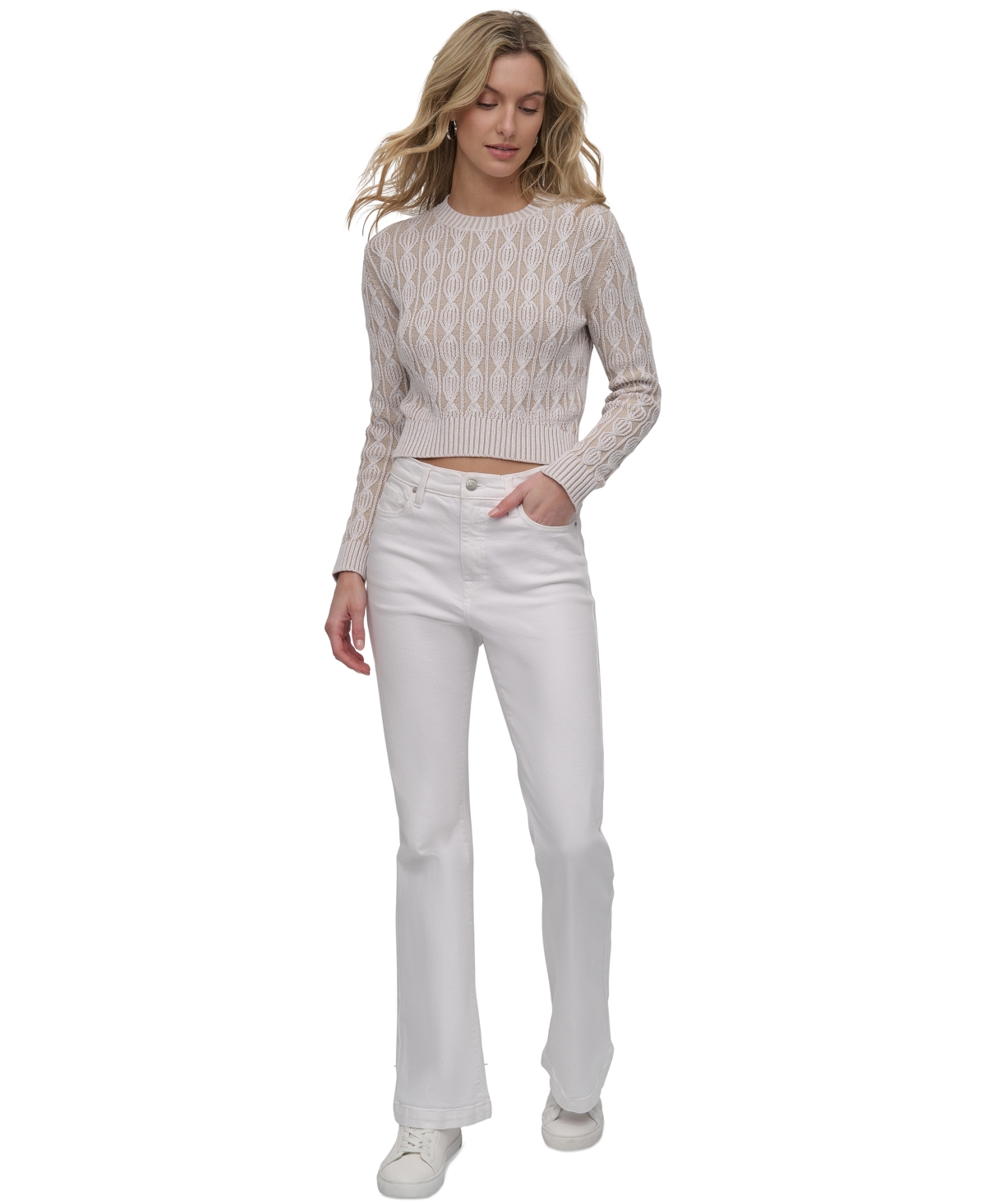 Shop Dkny Jeans Women's Long-sleeve Cotton Cable-knit Crewneck Sweater In Ayt - Wht,pebble