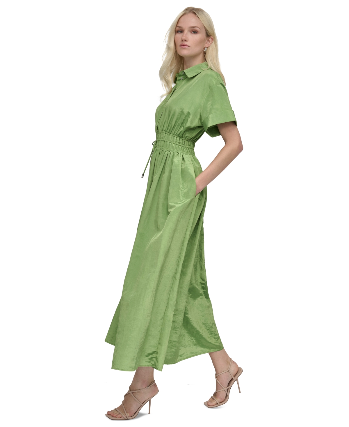 Dkny Petite Textured Drawstring-waist Shirtdress In Salted Lime