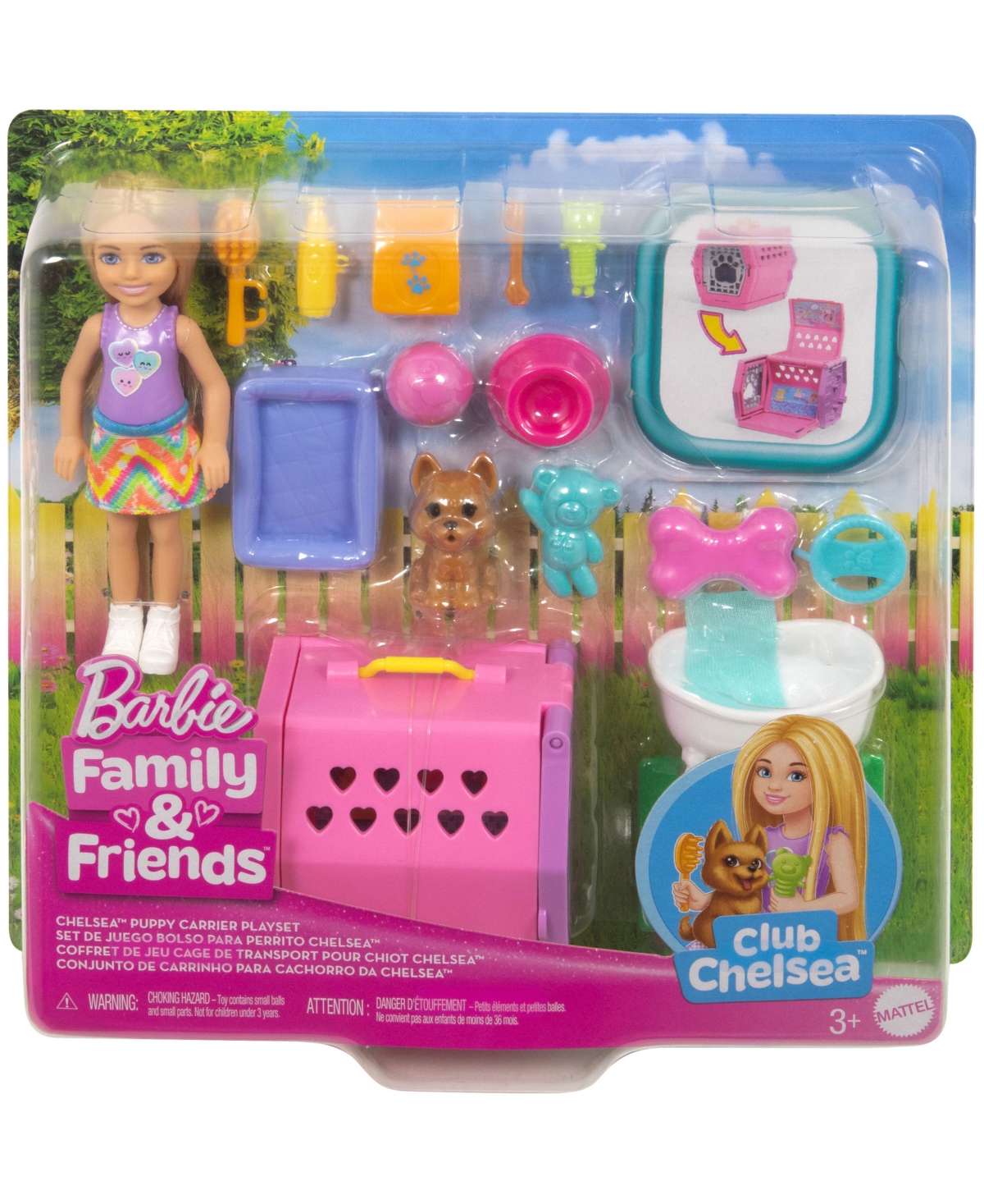 BARBIE CHELSEA PUPPY CARRIER PLAYSET, SMALL DOLL AND DOG CARRIER WITH PUPPY ACCESSORIES 
