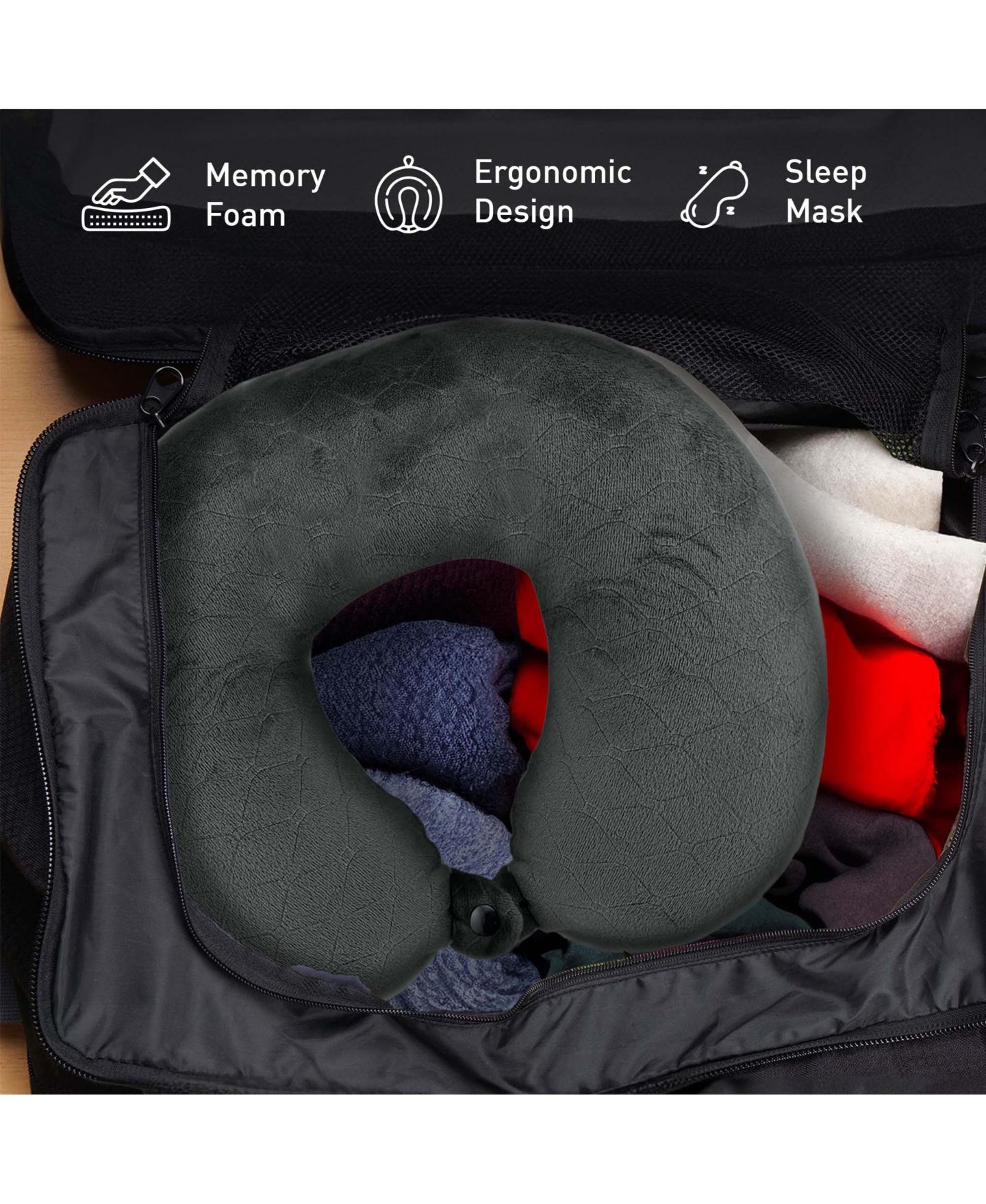 Подушки PURSONIC Mindful Traveler Bundle: Memory Foam Travel Pillow with Sleep Mask & Purtag Tracker, цвет: Тёмный серый — фото 2