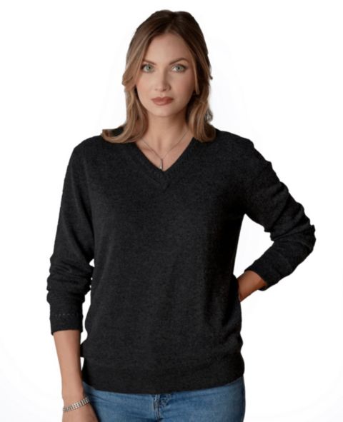 Женский свитер Luxlined Itch-Free Cashmere V-Neck Sweater with Soft Liner, цвет: Чёрный песочный