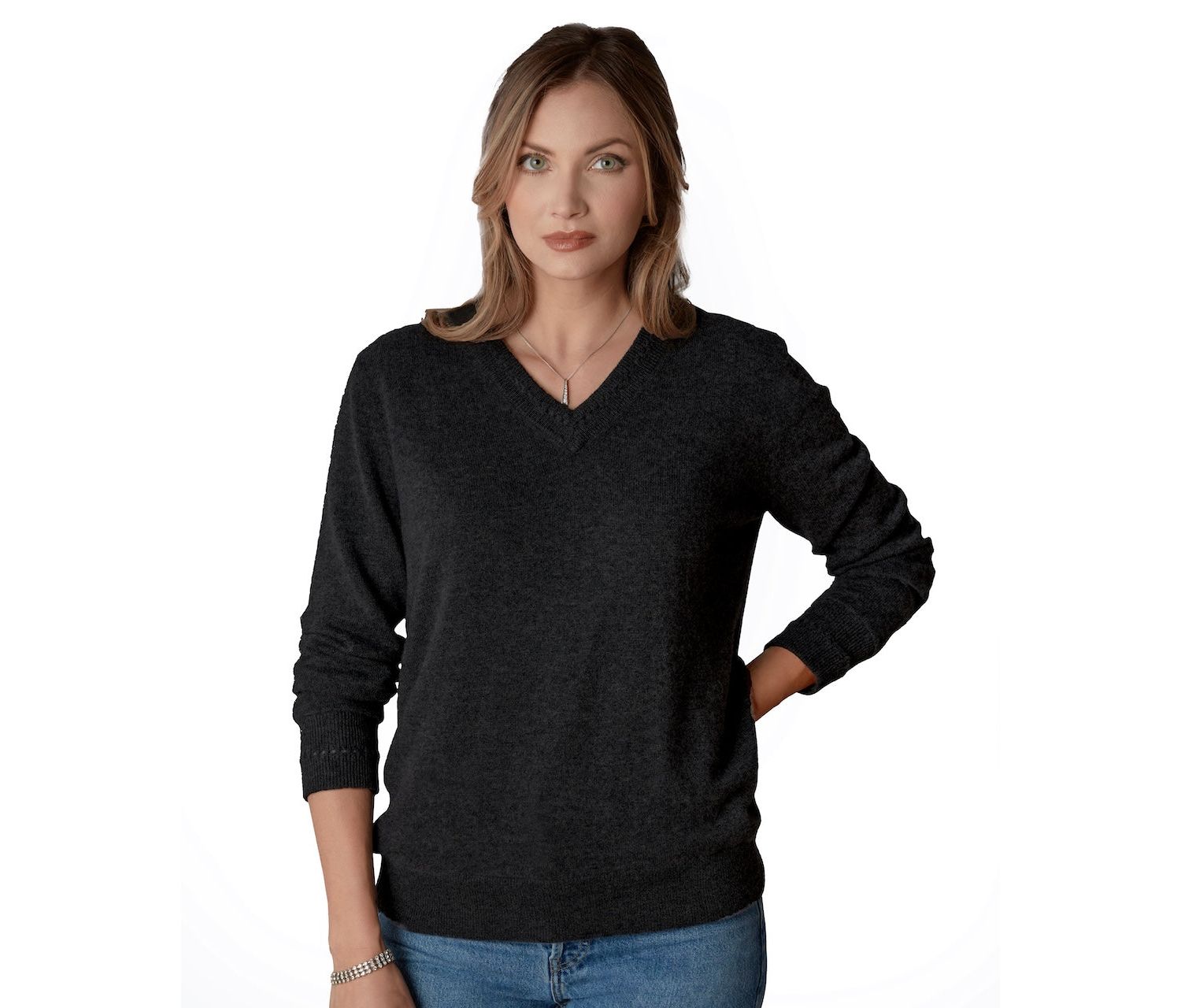 Women's Itch-Free Cashmere V-Neck Sweater with Soft Liner