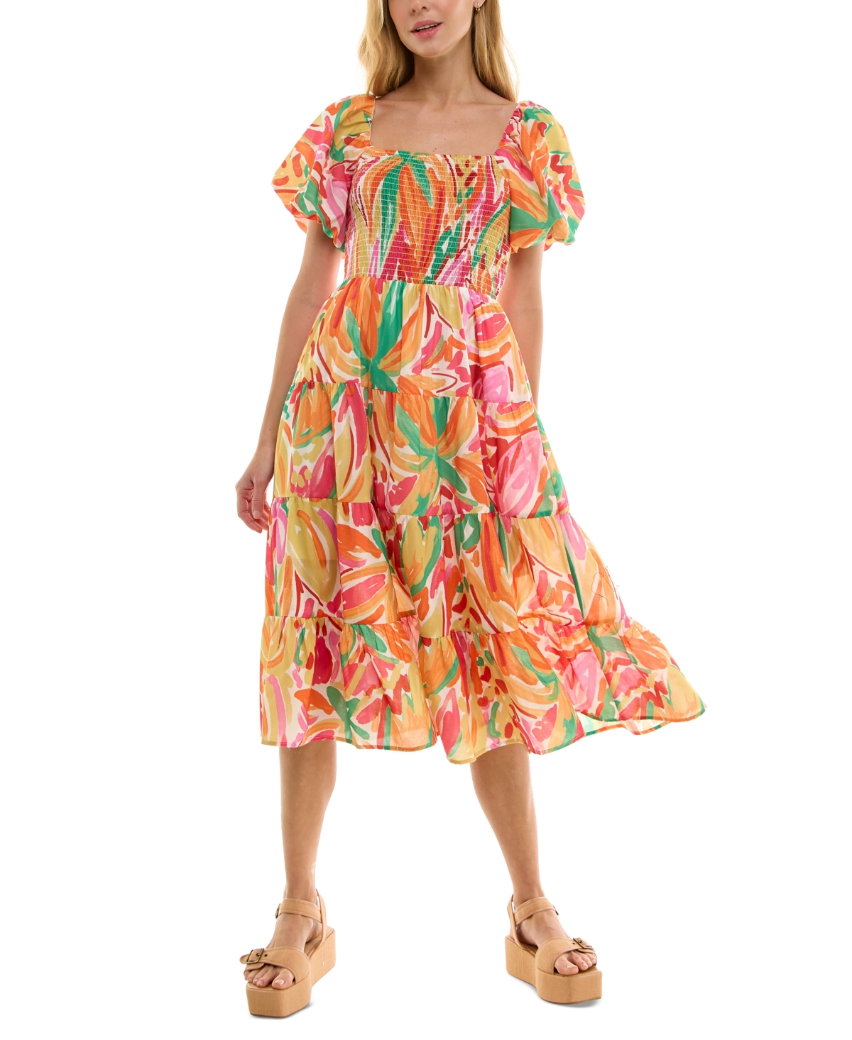 Juniors' Printed Square-Neck Bubble-Sleeve Dress - Green/Yellow