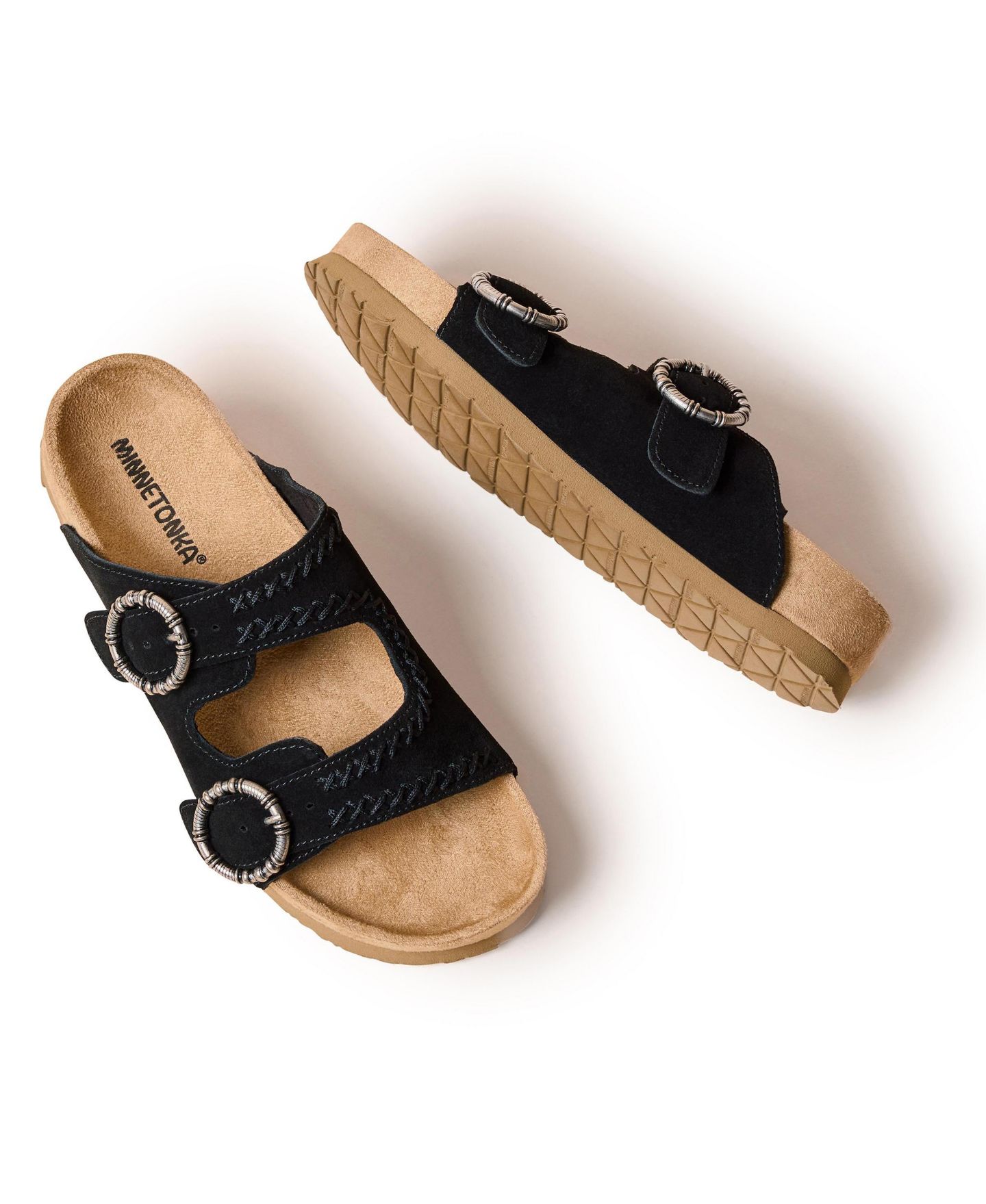 Женские сандалии Minnetonka Georgine Classic Suede Buckle Slide, цвет: Чёрный — фото 6