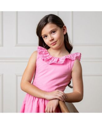 Big Girls Ruffle Collar Party Dress with Eyelet Embroidery