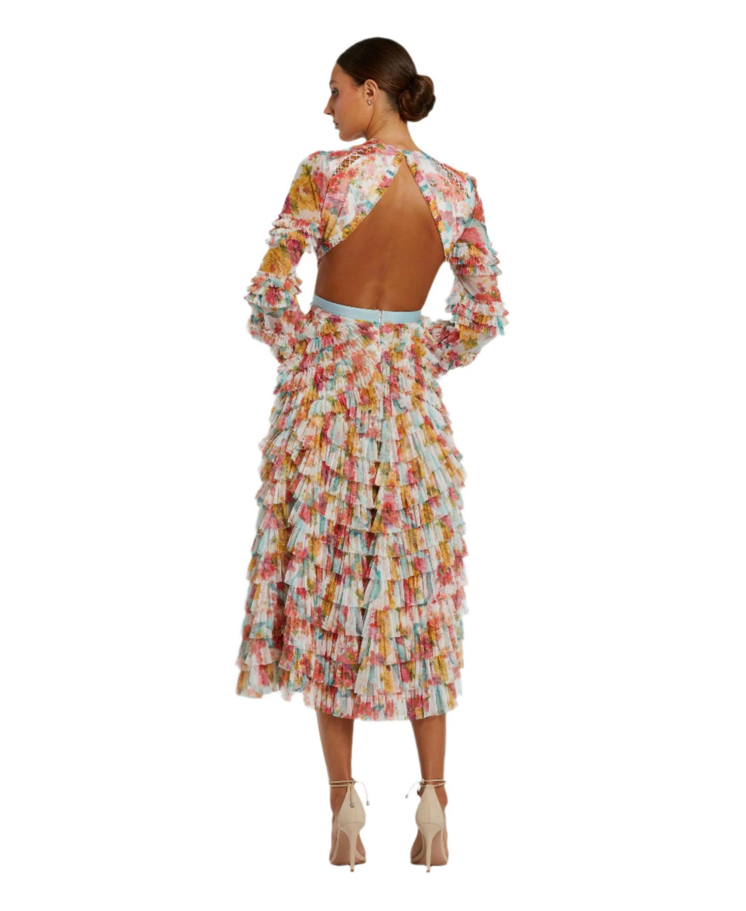 Women's Long Sleeve Tiered Ruffle Cutout Criss Cross Dress