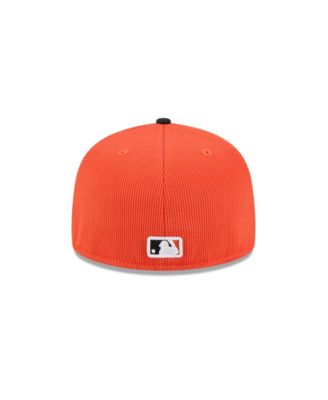 Мужская оранжевая шляпа Baltimore Orioles 2025 весеннего сезона New Era для тренировок 59-го размера, облегающая фигуру.