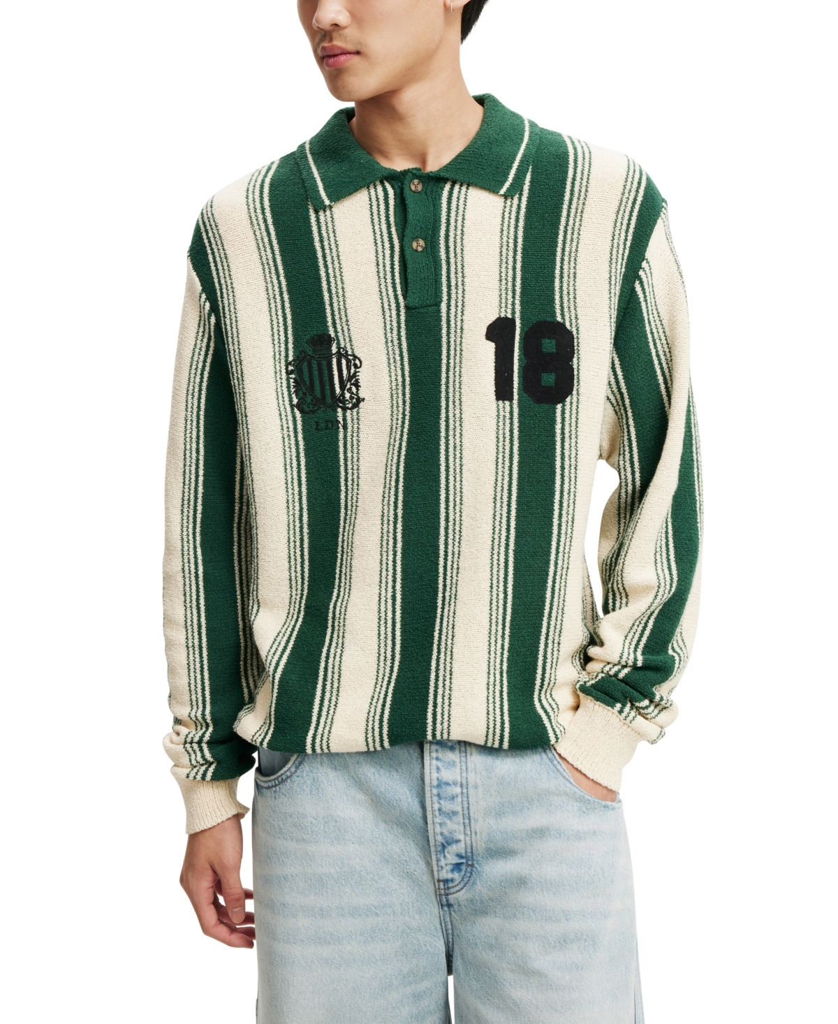 Shop Cotton On Men's Rugby Knit Polo Shirt In Teal Stripe