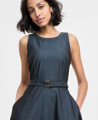 KARL LAGERFELD PARIS Women's Jewel-neck Belted Sleeveless