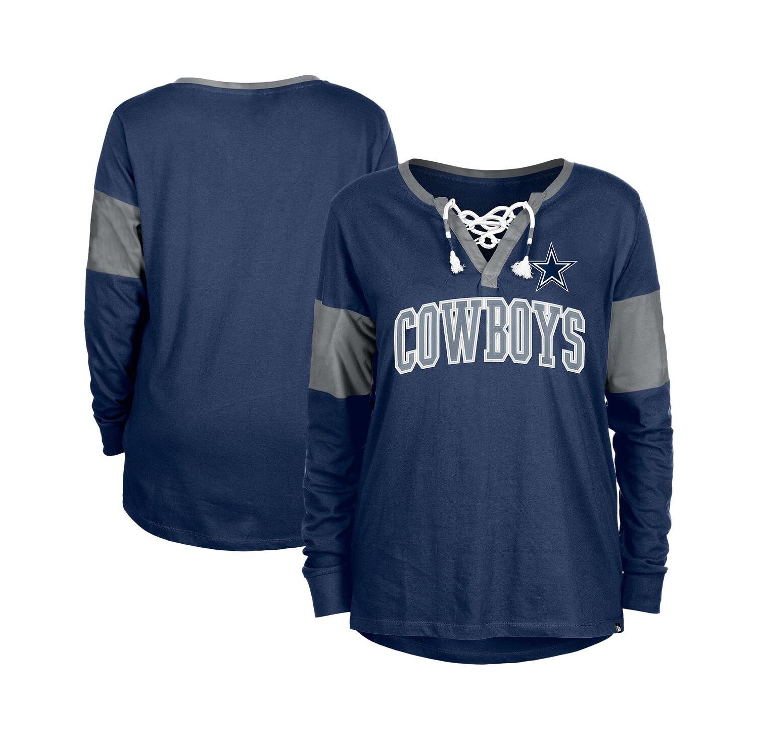 Women's Navy Dallas Cowboys Lace-Up Notch-Neck Long Sleeve T-Shirt