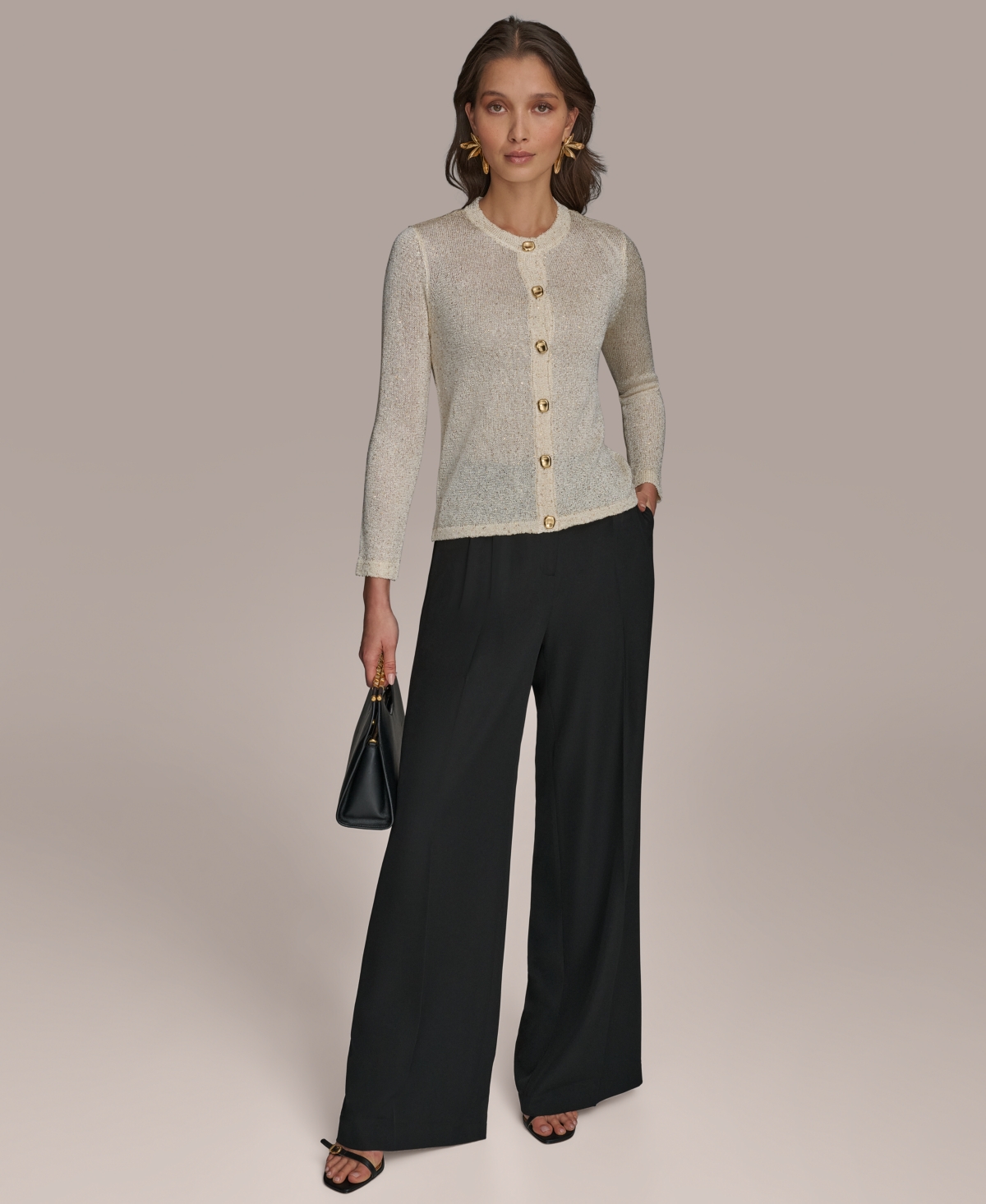 Shop Donna Karan Women's Metallic Cardigan In Cream,gold