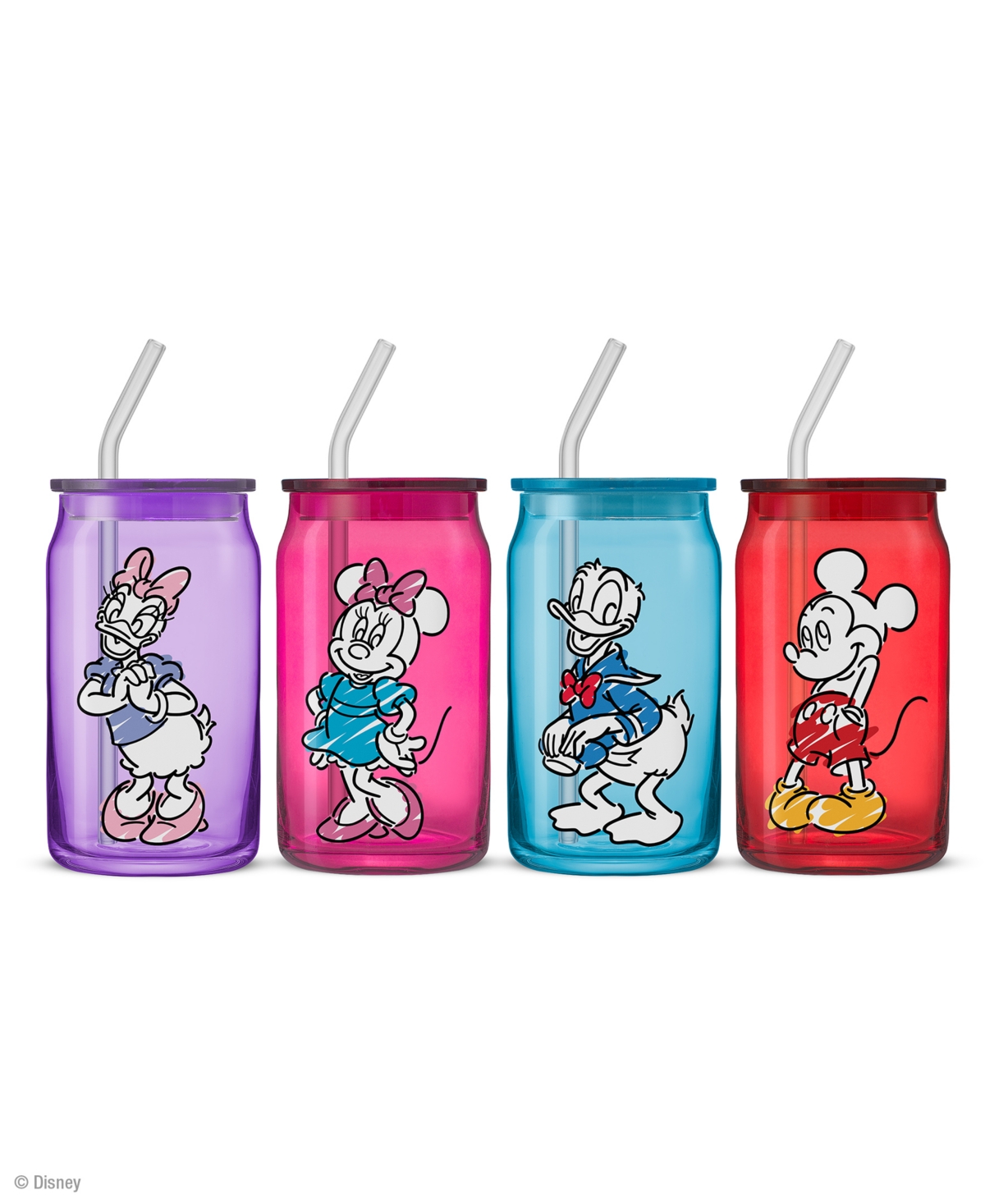 JOYJOLT DISNEY MICKEY MOUSE FRIENDS COLOR SKETCH TUMBLER GLASSES WITH LIDS, SET OF 4 