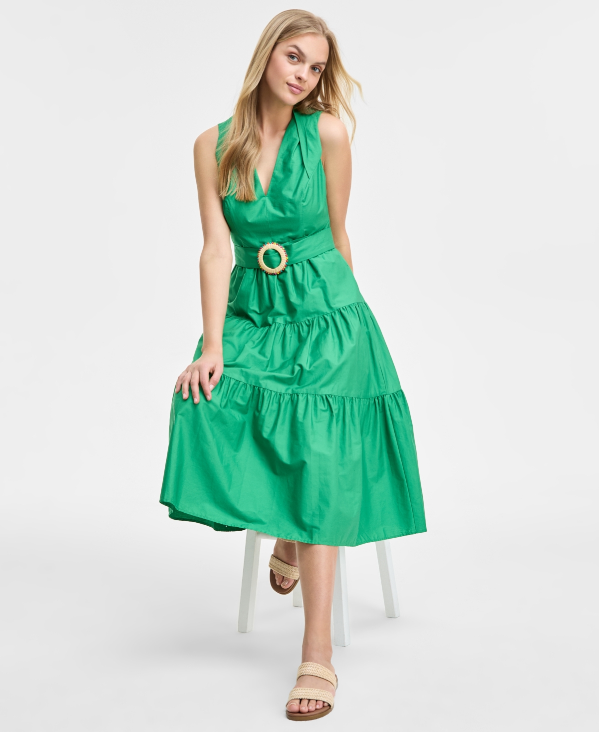 Vince Camuto Plus Size Cotton Belted Tiered Sleeveless Midi Dress In Green