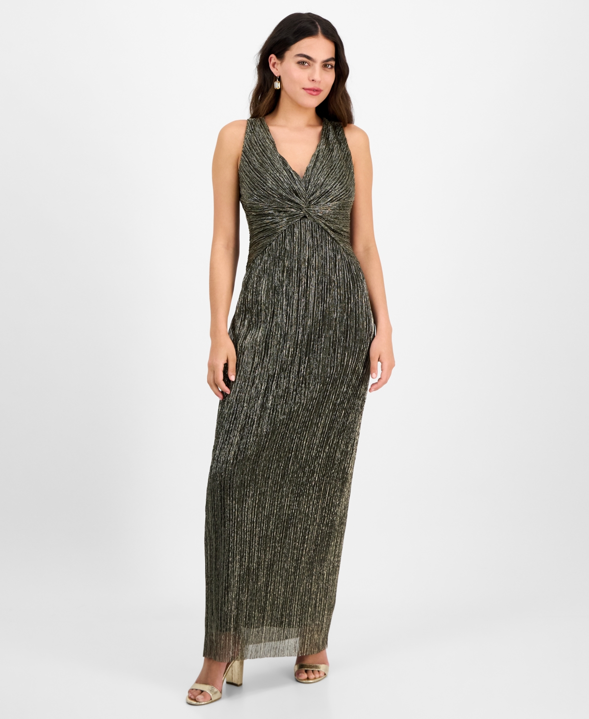 Connected Petite Metallic V-neck Twist-front Gown In Gold