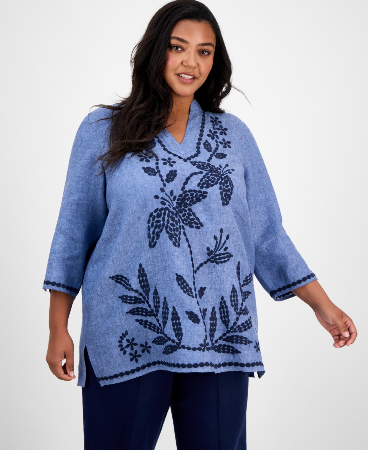 CHARTER CLUB PLUS SIZE EMBROIDERED LINEN TUNIC, EXCLUSIVELY AT MACY'S 