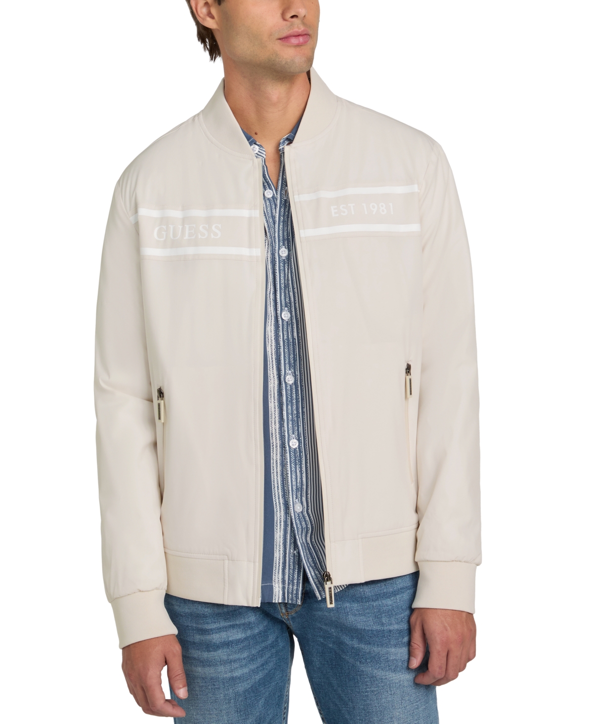 Guess Men's Lightweight Logo Full-zip Bomber Jacket In Muted Stone