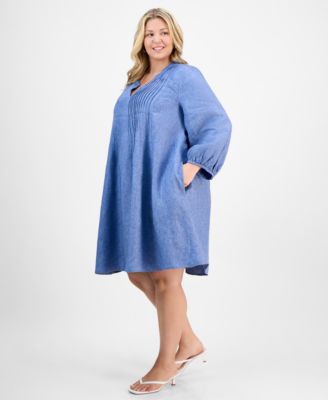 Plus Size Linen Pleated Blouson-Sleeve Shift Dress, Exclusively at Macy's