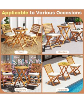 3 PCS Acacia Wood Patio Bistro Set Folding Table & Chairs Set with Cushions