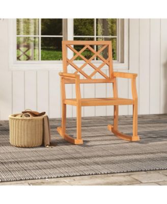 Teak Wood Rocking Chair Oversized Porch Rocker with Backrest and Slatted Seat