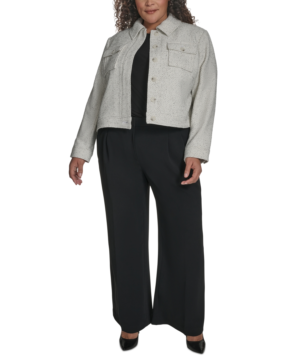 Dkny Plus Size Cropped Long-sleeve Tweed Trucker Jacket In Black
