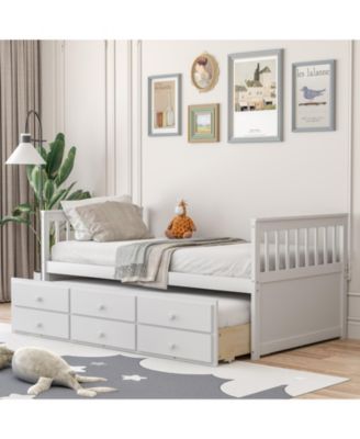 Captain s Bed with Pull-Out Trundle and 3 Storage Drawers for Kids or Guest Room