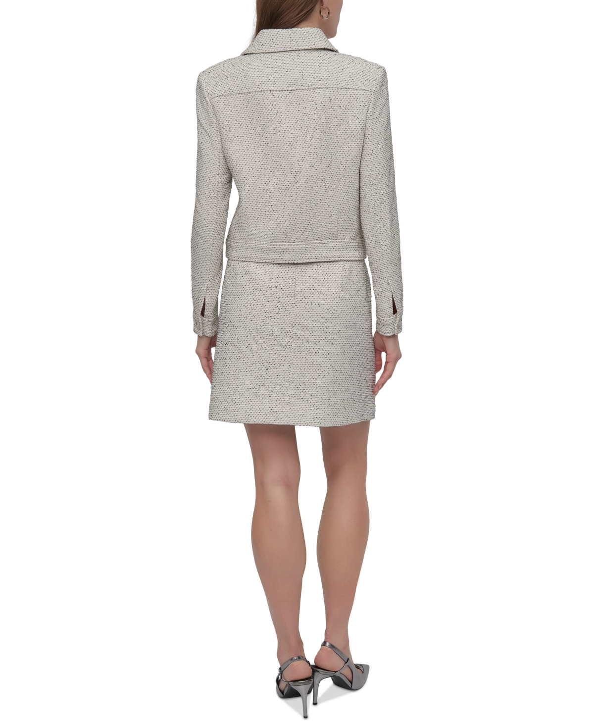 Shop Dkny Petite Cropped Long-sleeve Tweed Trucker Jacket In Ivory,black