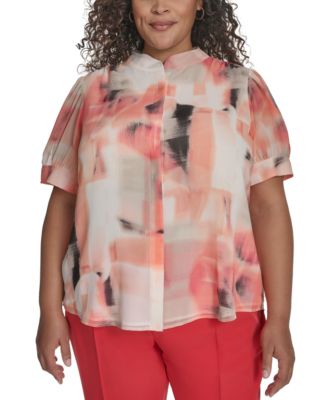 DKNY - Plus Size Printed Chiffon Button-Front Blouse