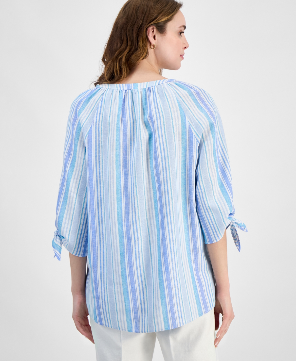 Jones New York Stripe Three Quarter Sleeve Linen Blend V-neck Top In Nyc White,turquoise