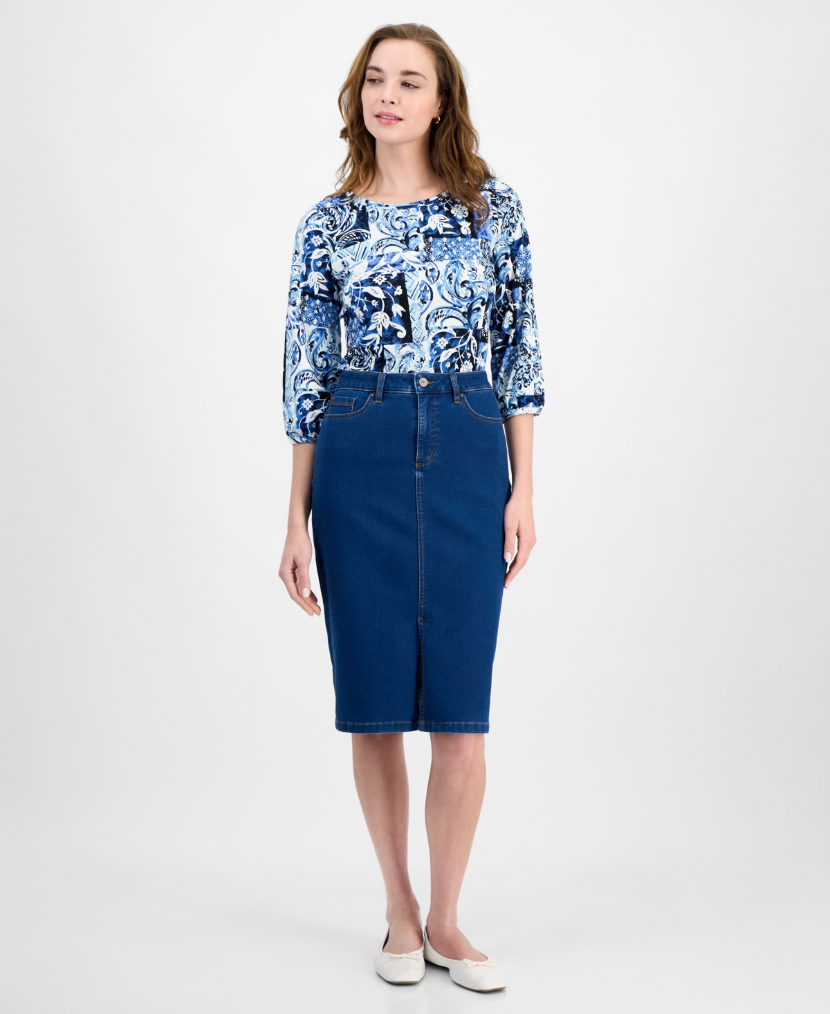 Jones New York Womens Printed 3 4 Sleeve Top Denim Pencil Skirt In Shore Wash
