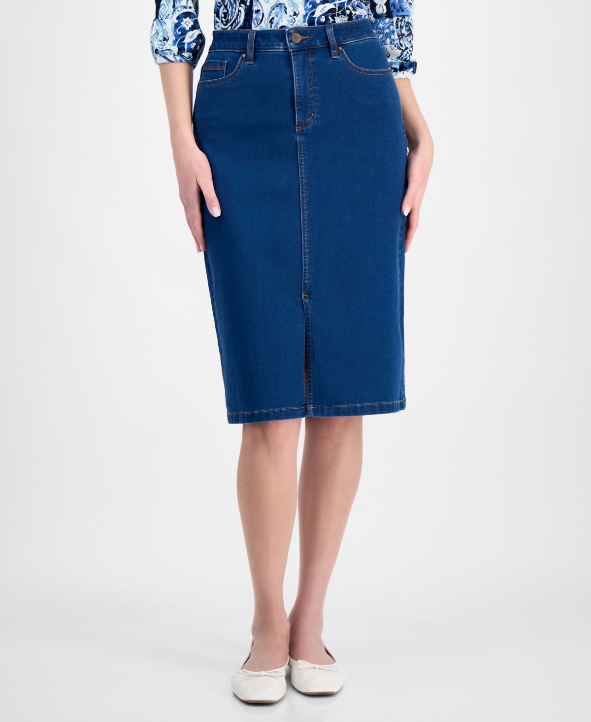 Jones New York Womens Printed 3 4 Sleeve Top Denim Pencil Skirt In Shore Wash