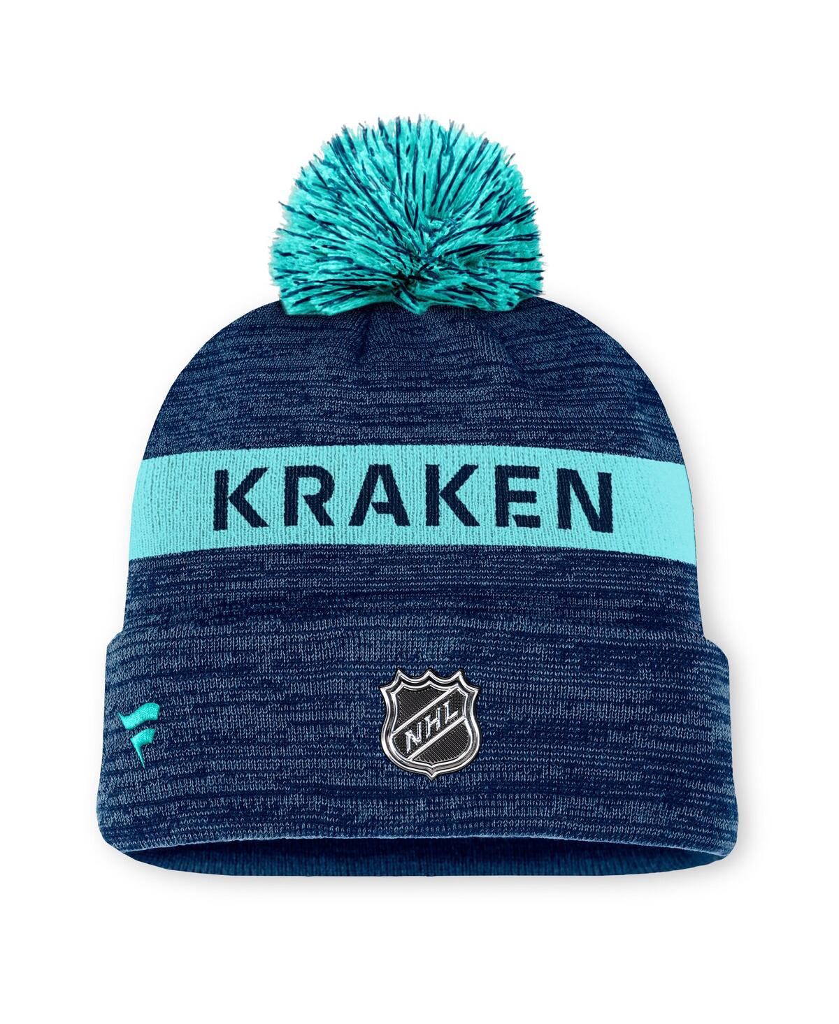 Fanatics Men's Deep Sea Blue/light Blue Seattle Kraken Authentic Pro Rink Cuffed With Pom Knit Hat In Navy,light Blue